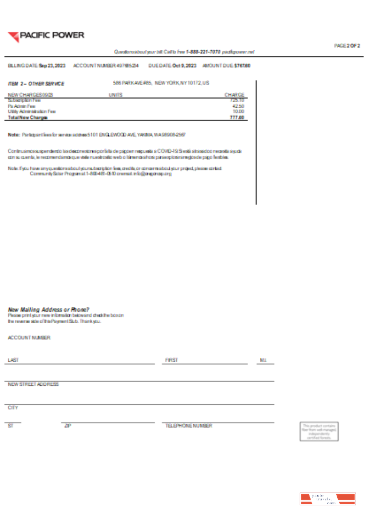 Pacific Power  utility business bill,  page 2, SCR PSD template